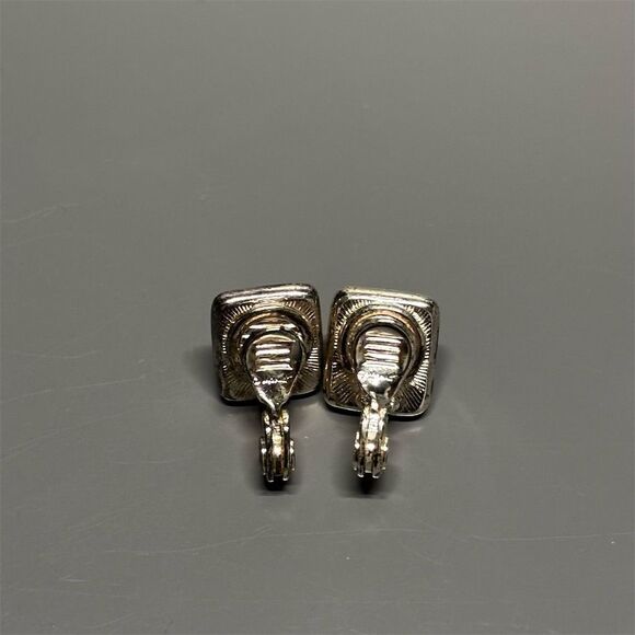 Monet Vintage Silver Tone Clip-On Earrings Black Onyx Cabochons - Picture 5 of 10